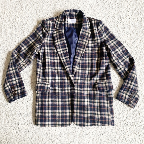 Six/Fifty Lush Plaid Blazer Flannel Multi Tan Navy Green Rust Large - Picture 2 of 12